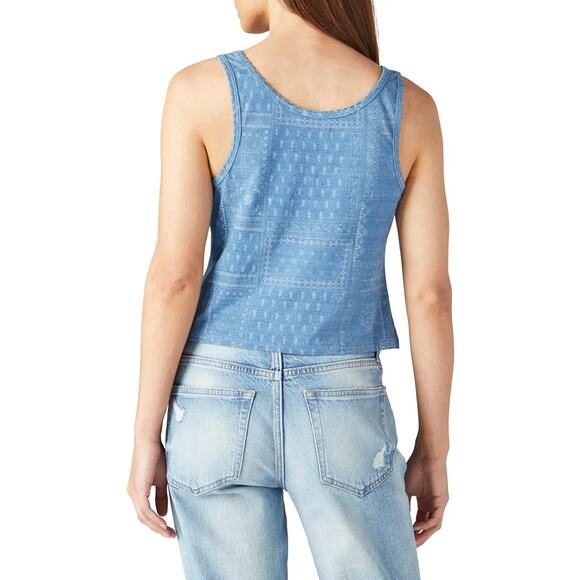 Lucky Brand Women Washed Blue Cotton Patchwork Print Boho Henley Tank Top Size L - Picture 2 of 3